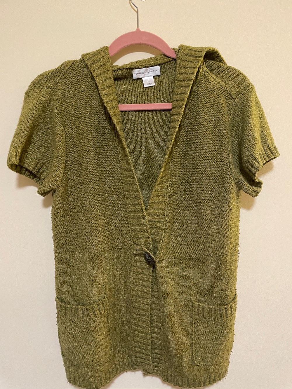Short-Sleeve Hooded Olive Green Cardigan Sweater